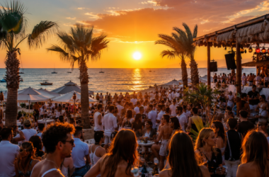 Ferragosto a Porto Cesareo con giovani in spiaggia al tramonto e beach party sul mare