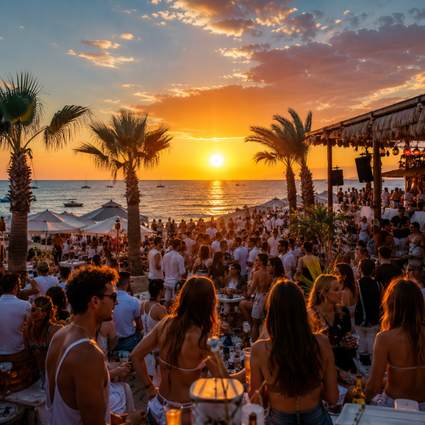 Ferragosto a Porto Cesareo con giovani in spiaggia al tramonto e beach party sul mare